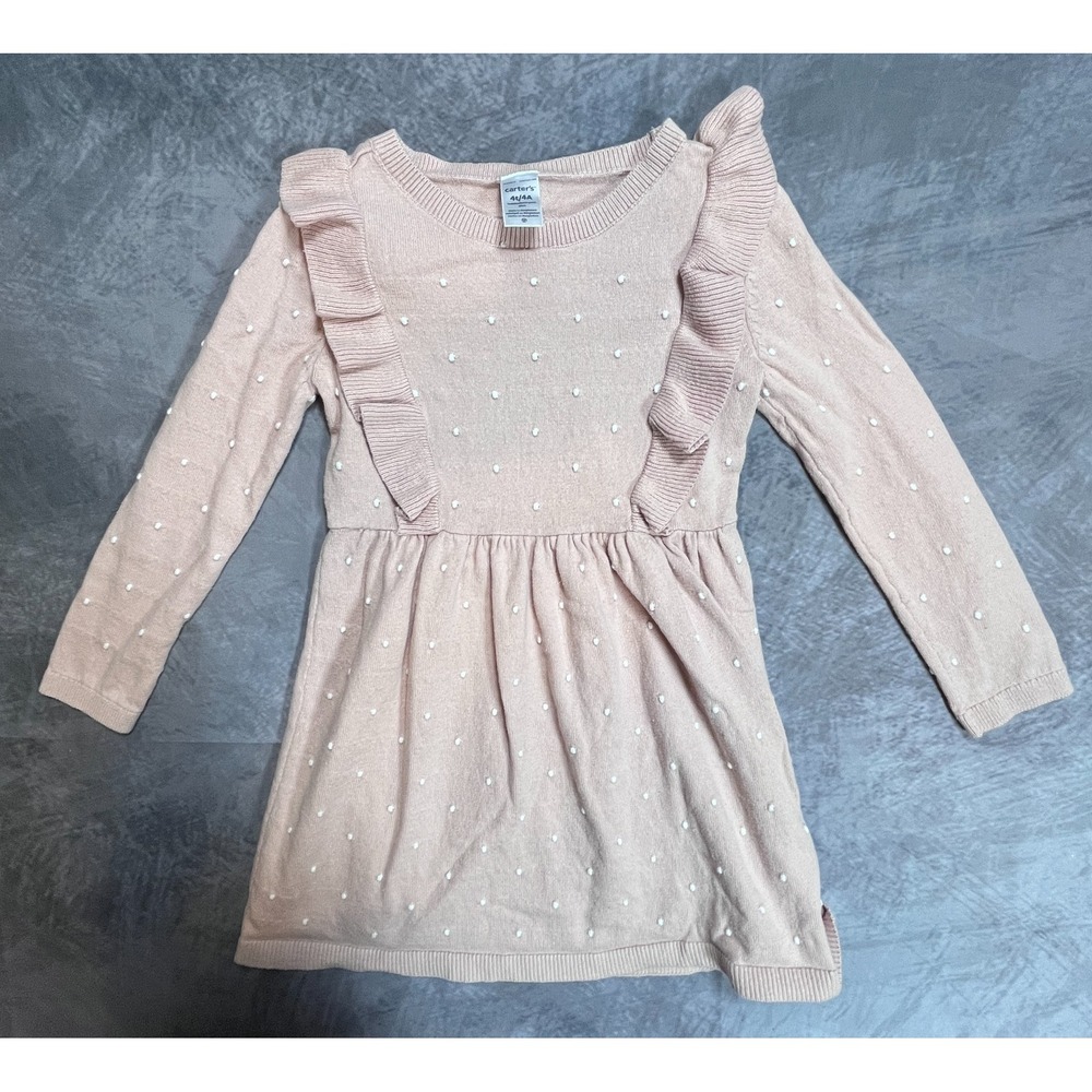 Carter's Sweater Dress Girls 4T Pink Swiss Dot Knitted Round Neck Ruffle Detail